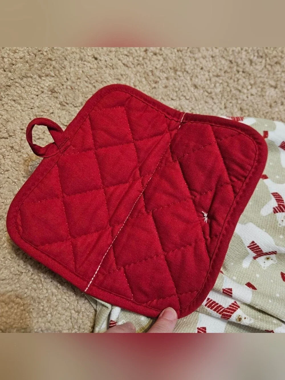 1 Handcrafted Potholder Attached To A Towel | Red + Tan | Polar Bears | Winter